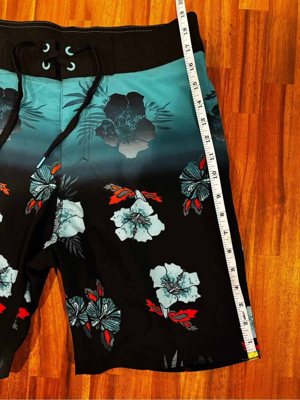 Burnside Men's Black & Teal Tropical Floral Swim Trunks Drawstring Waist 30